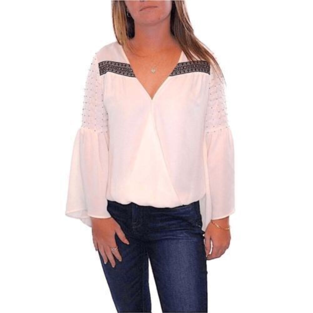NWT Bebe Fable Cream Embellished Bell Sleeve Relaxed Fit Wrap Top Blouse   SZ XS